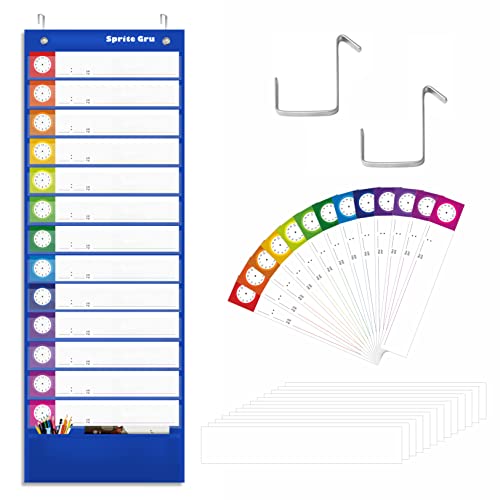 Tagesablauf-Pocket-Chart, Klassenzimmertafeln mit 13+1 Taschen, 13 Doppelseitige Farbige Karten und 13 Leere Karten Inklusive 2 Aufhänger für die Türmontage (Blau, 33 cm x 91,4 cm) von SpriteGru