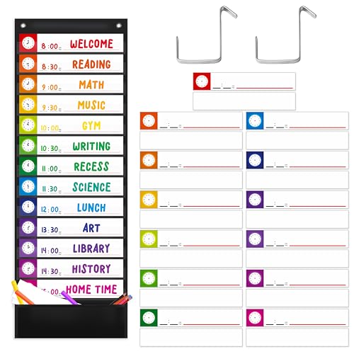 Tagesablauf-Pocket-Chart, Klassenzimmertafeln mit 13+1 Taschen, 13 Doppelseitige Farbige Karten und 13 Leere Karten Inklusive 2 Aufhänger für die Türmontage (Schwarz, 33 cm x 91,4 cm) von SpriteGru