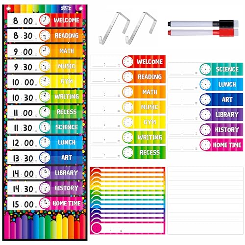 Taschenplaner für den täglichen Zeitplan, Confetti Klassenzimmer-Chart mit 13+1 Taschen, 26 wiederverwendbaren Karten (13 doppelseitig bedruckte Karten & 13 leere) plus 2 Metall-Aufhängehaken von SpriteGru