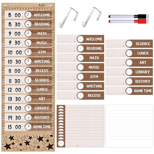 Taschenplaner für den täglichen Zeitplan, Klassenzimmer-Tafel aus Jute mit 13+1 Taschen, 26 wiederverwendbaren Karten(13 doppelseitig bedruckte Karten und 13 leere Karten) sowie 2 Metall-Aufhängehaken von SpriteGru