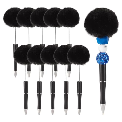 Spritewelry Flauschige Perlenstifte, Plüsch-Kugelschreiber, niedlicher Pompom-Stift, Schaft, Tintenroller für DIY, personalisierter Stift, Büro, Schulbedarf, reines Schwarz, 10 Stück von Spritewelry