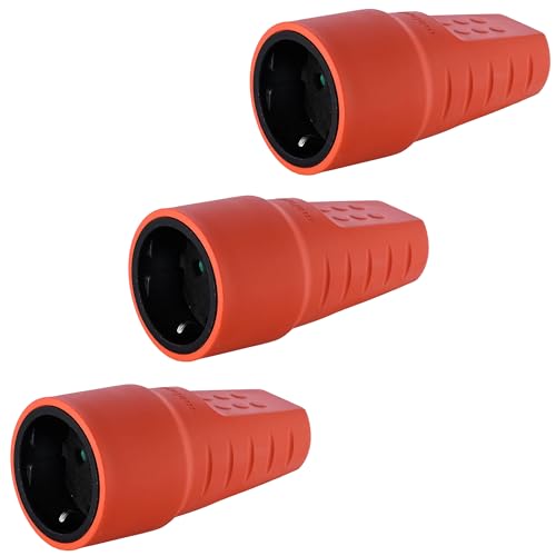 Gummikupplung 230V, Schutzkontaktkupplung, IP20, 16A, Schuko Kupplung mit Knickschutztülle, Bruchfest Schukokupplung mit Zugentlastung Aussenbereich, Kabel Kupplung bis max. 2,5mm², 3 Stücke (Orange) von Spy-Earpiece.com