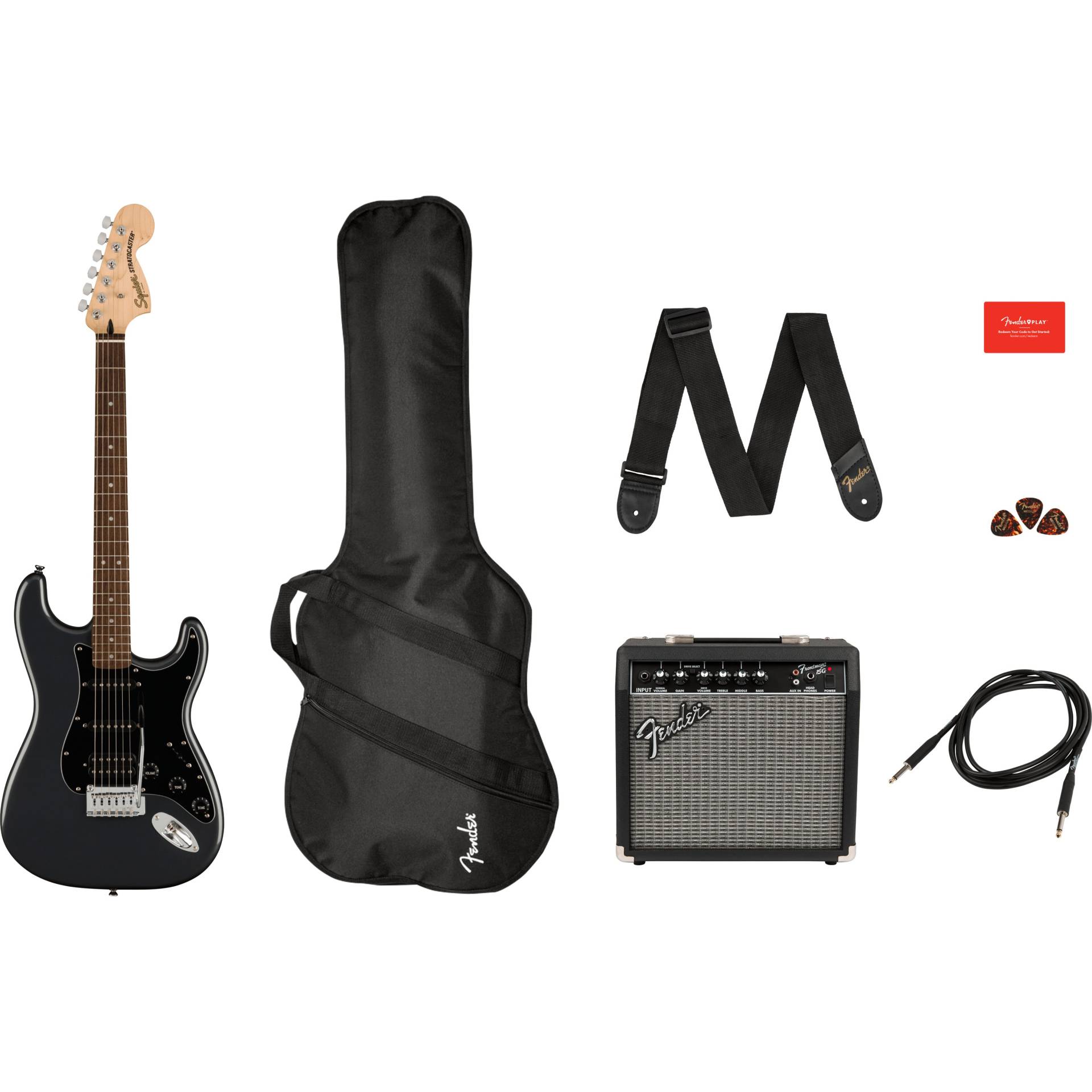 Squier Affinity Series Stratocaster HSS Pack IL Charcoal Frost Electric Guitar Starter Pack (Metallic) von Squier