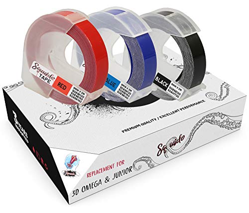 Squuido 3 Kassetten Weiß auf Rot/Blau/Schwarz selbstklebenden prägeband 9mm x 3m kompatibel mit Dymo Omega & Junior von Squuido