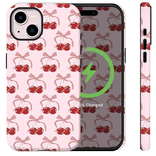 Sqweey Kompatibel mit iPhone 14 Plus, niedliche rosa Kirsche für Mädchen und Frauen, [kompatibel mit Magasfe], stoßfest, vergilbungsfrei, Hartschalen-Schutzhülle für iPhone 14 Plus 6,1 Zoll von Sqweey