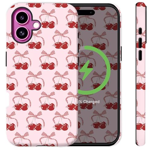 Sqweey Kompatibel mit iPhone 16 Plus, niedliche rosa Kirsche für Mädchen und Frauen, [kompatibel mit Magasfe], stoßfest, vergilbungsfrei, Hartschalen-Schutzhülle für iPhone 16 Plus 6,1 Zoll von Sqweey
