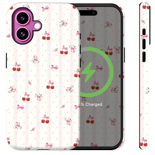 Sqweey Schutzhülle für iPhone 16 Plus, Motiv: rosa Kirschschleifen, Blumen, Punkte, Spitze, äthetisches Mädchen-Design, stoßfest, weiches TPU und hartes Polycarbonat, niedliche Handyhülle für iPhone Sqweey Schutzhülle für iPhone 16 Plus, Motiv: rosa Kirschschleifen, Blumen, Punkte, Spitze, äthetisches Mädchen-Design, stoßfest, weiches TPU und hartes Polycarbonat, niedliche Handyhülle für iPhone von Sqweey