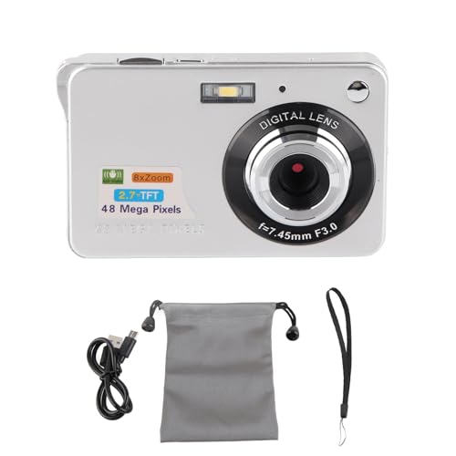 Kompaktkamera, 4K-Digitalkamera, 48 MP, 2,7-Zoll-LCD-Display, 8-facher Zoom, Anti-Shake-Vlogging-Kamera für Fotografie, Serienaufnahmen (Silber) von Srliya