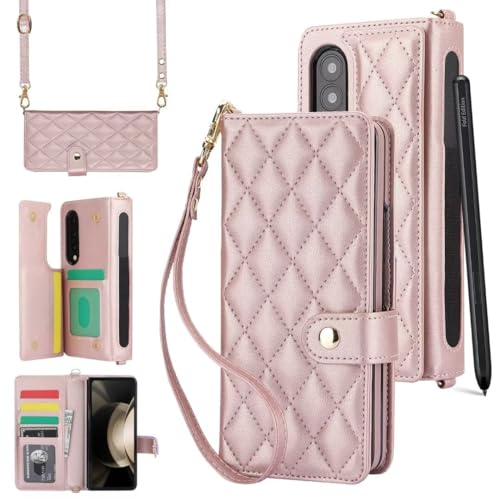 SsHhUu Hülle für Samsung Galaxy Z Fold 4 5G,Luxus Leder Crossbody Brieftasche Klapphülle mit Verstellbarem Abnehmbarem Umhängegurt,mit S Stifthalter,für Frauen Niedlich Mädchen Handyhülle,Rotgold von SsHhUu