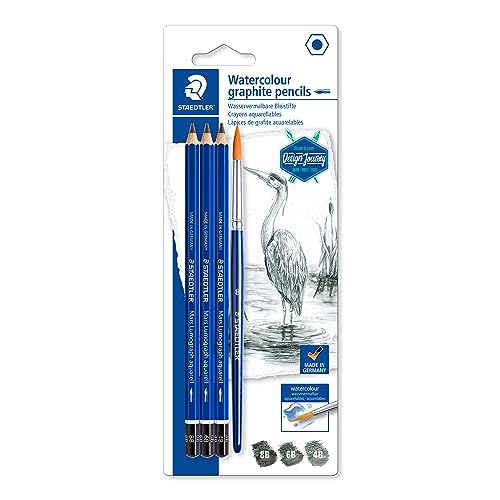 STAEDTLER 100A SBK4 ST wasservermalbare Künstler-Bleistifte Mars Lumograph aquarell, Sechskantform, hohe Bruchfestigkeit, Premium-Bleistifte, 3 Härtegrade, 1 Rundpinsel, 100A SBK4 von Staedtler