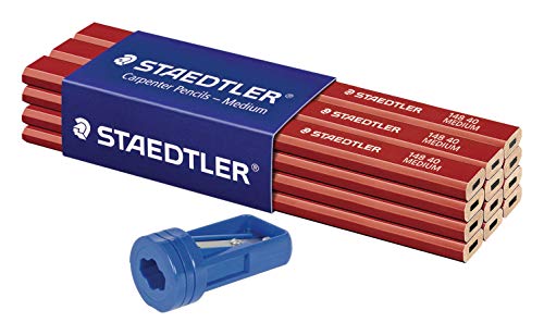 STAEDTLER 148 40 Zimmermann-Bleistift (oval-achtkant, Härtegrad medium, für Strichbreiten von 1-2 mm, ungespitzt, 175 mm lang, hohe Qualität) (12-Pack + Anspitzer) von Staedtler