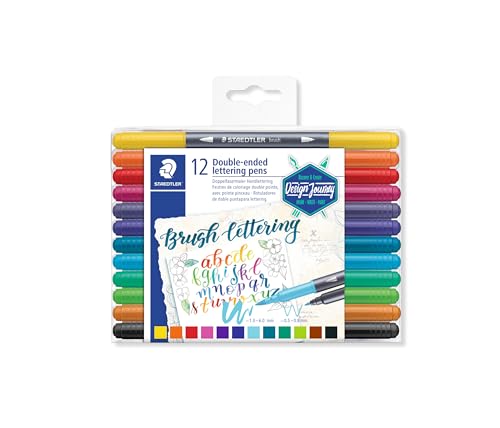 STAEDTLER 3004 TB12 Doppelfasermaler Handlettering (feine Spitze und Pinselspitze) Klarfaltetui mit 12 leuchtenden Farben von Staedtler