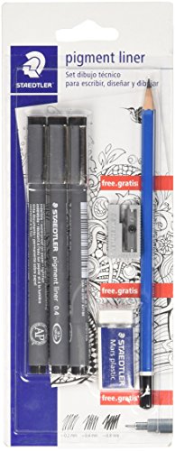 STAEDTLER 308 SBK3P2 Technisches Zeichen-Set: 3 Fasermaler Pigment Liner, Bleistift, Radiergummi und Anspitzer. von Staedtler