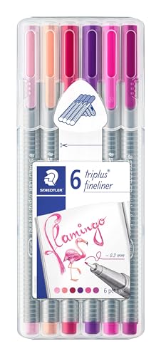 STAEDTLER 334 SB6CS6 Fineliner triplus (ergonomische Dreikantform, hohe Qualität, superfeine Spitze, My Colours Set Flamingo mit 6 brillanten Farben, Linienbreite 0,3 mm) von STAEDTLER