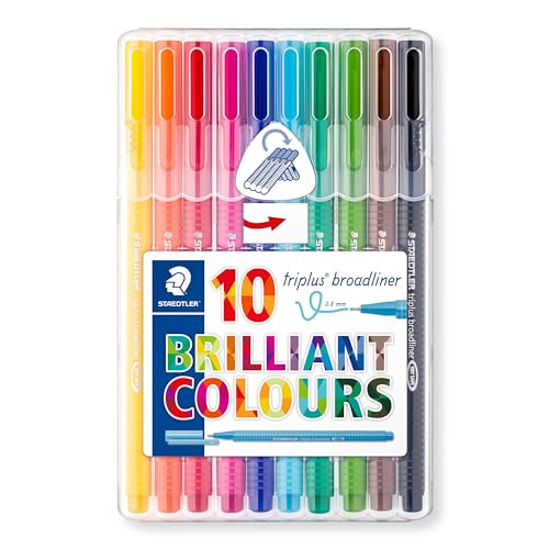 STAEDTLER 338 SB10 broadliner triplus (ergonomische Dreikantform, Dry Safe, Tinte auf Wasserbasis, Strichbreite 0,8 mm, auswaschbar, aufstellbare STAEDTLER Box mit 10 farblich sortierten Broadlinern) von Staedtler