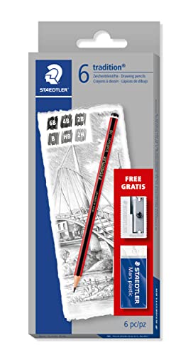 STAEDTLER 61 110 C6 Tradition Graphitstift zum Zeichnen und Skizzieren, verschiedene Grade (6 Bleistifte + Anspitzer und Radiergummi) von Staedtler
