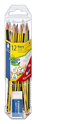 STAEDTLER Bleistift Noris 120, Made from Upcycled Wood, Härtegrad HB, Rutschfeste Soft-Oberfläche, Set mit 12 Bleistiften, 1 Radiergummi, hohe Qualität Made in Germany, 61 120P1 von Staedtler