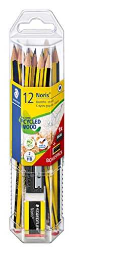 STAEDTLER Bleistift Noris 120, Made from Upcycled Wood, Härtegrad HB, Rutschfeste Soft-Oberfläche, Set mit 12 Bleistiften, 1 Spitzer, 1 Radiergummi, hohe Qualität Made in Germany, 61 120P2 von Staedtler