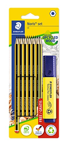 STAEDTLER Bleistift Set Noris, Made from Upcycled Wood, 12 Bleistifte Härtegrad HB, gelber Textsurfer classic Textmarker, 120 BK12P1 STAEDTLER Bleistift Set Noris, Made from Upcycled Wood, 12 Bleistifte Härtegrad HB, gelber Textsurfer classic Textmarker, 120 BK12P1 von STAEDTLER
