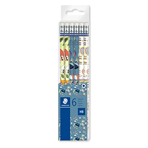 STAEDTLER Bleistift mit verschiedenen Motiven und Radiergummi, hexagonal, HB, 6 Bleistifte in transparenter Box, 172 PMTB6 von Staedtler