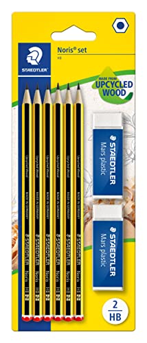 STAEDTLER Bleistifte-Set Noris 120, Made from Upcycled Wood, Härtegrad HB, 6 x Bleistifte und 2 x Mars Plastic Radierer, hohe Qualität Made in Germany, 120 R BK6D von STAEDTLER