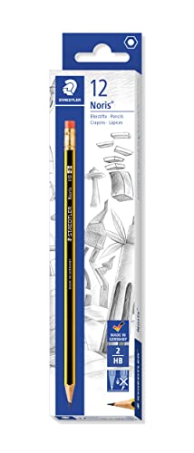 STAEDTLER Bleistifte mit Radiergummi Noris, Härtegrad HB, sechskantformat, hohe Bruchfestigkeit durch spezielle Minenrezeptur und hartverleimte Mine, Set mit 12 Bleistiften, 122-HB von Staedtler