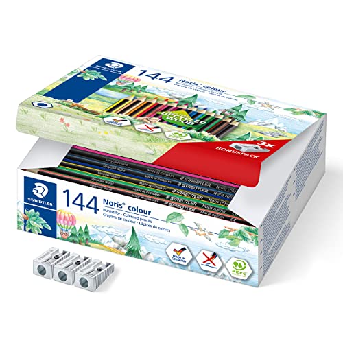 STAEDTLER Buntstifte Noris colour, rutschfeste Soft-Oberfläche, hohe Bruchfestigkeit, Made from Upcycled Wood, Sechskantformat, Set mit 144 Stiften in 12 intensiven Farben und 3 Spitzer, 185 C144 STAEDTLER Buntstifte Noris colour, rutschfeste Soft-Oberfläche, hohe Bruchfestigkeit, Made from Upcycled Wood, Sechskantformat, Set mit 144 Stiften in 12 intensiven Farben und 3 Spitzer, 185 C144 von Staedtler