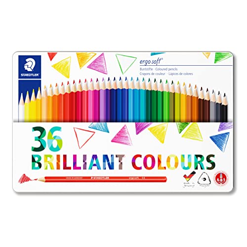 STAEDTLER Buntstifte ergo soft, ergonomische Dreikantform, erhöhte Bruchfestigkeit, rutschfeste Soft-Oberfläche, 36 Buntstifte in brillanten Farben im Metalletui, 157 M36 von Staedtler