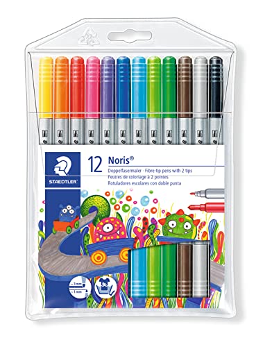 STAEDTLER Doppelfasermaler Noris Club, stabile, eindrucksichere Spitze, auswaschbar, Strichbreite 1-3 mm, Etui mit 12 farblich sortierten Doppelfasermalern, 320 NWP12, 12 Stück (1er Pack) von Staedtler