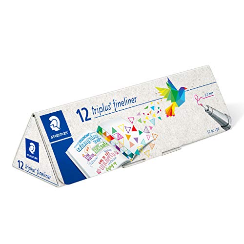 STAEDTLER Fineliner triplus, ergonomische Dreikantform, superfeine 0,3mm Spitze, lange Lebensdauer, DRY SAFE, PP-Schaft, 12 Fineliner im dreikantigen Karton Mäppchen, 334 CPC12 von Staedtler