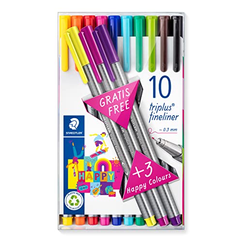 STAEDTLER Fineliner triplus Promotion Set, ergonomischer Dreikantschaft, superfeine 0,3 mm Spitze, lange Lebensdauer, 10 + 3 Fineliner in sortierten Farben + Happy Farben, 334 TB13 von Staedtler