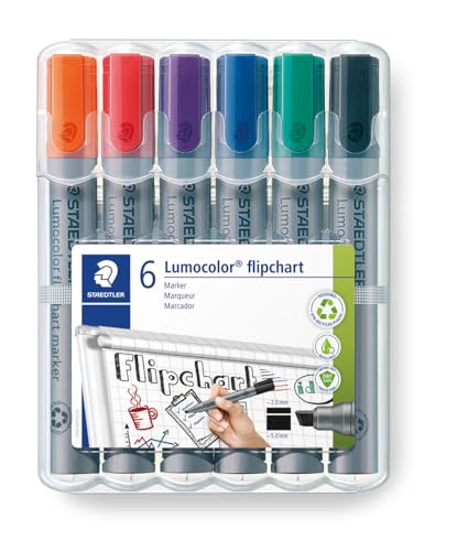 STAEDTLER Flipchart Marker Lumocolor, Keilspitze ca. 2,0 - 5,0 mm Linienbreite, lange Lebensdauer, nachfüllbar, geruchsarm, hohe Qualität Made in Germany, Set mit 6 Farben, 356 B WP6, 1 Stück STAEDTLER Flipchart Marker Lumocolor, Keilspitze ca. 2,0 - 5,0 mm Linienbreite, lange Lebensdauer, nachfüllbar, geruchsarm, hohe Qualität Made in Germany, Set mit 6 Farben, 356 B WP6, 1 Stück von STAEDTLER