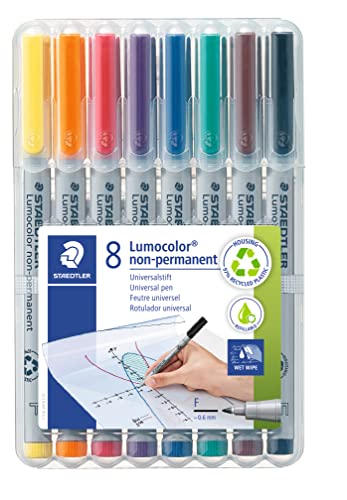 STAEDTLER Folienstift Lumocolor, non-permanent, wasserlöslich, F-Spitze mit Linienbreite ca. 0.6 mm, hohe Qualität, recyceltes Plastik, Set mit 8 Farben in STAEDTLER-Box, 316 WP8, Grau von Staedtler