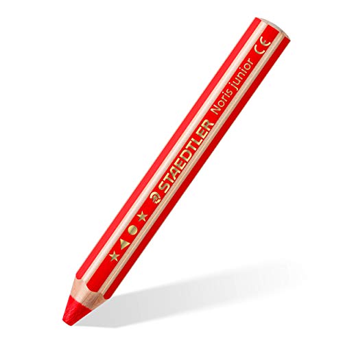 STAEDTLER Kindermalstift Noris Junior 140, Sechskantform, extra bruchsicher, perfekter erster Kindermalstift, 3in1 Bunt- Wachsmal und Aquarellstift in einem, 6 Stifte in rot, 140-2 von Staedtler