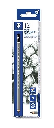 STAEDTLER Kohlestifte Mars Lumograph charcoal, Sechskantform, hoher Ruß- und Kohleanteil, Premium-Kohlestifte, Härtegrad M, 12 Stifte in Kartonfaltschachtel, 100C-M von STAEDTLER