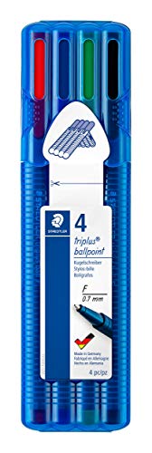 STAEDTLER Kugelschreiber Triplus Ball, ergonomischer Dreikantschaft, Linienbreite F, wischfest, Box mit 4 brillanten Farben, 437 FSB4 von Staedtler