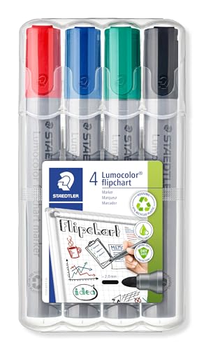 STAEDTLER Lumocolor 356 WP4 Flipchart-Marker, farbintensiv, geruchsarm, Rundspitze ca. 2 mm Linienbreite, hohe Qualität, ideal für Flipchart-Blöcke, Set mit 4 Farben, sortiert, 1 Stück von Staedtler