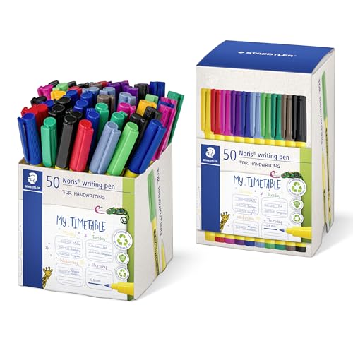 STAEDTLER Noris writing pen 307 Fineliner, Gehäuse aus 97% recyceltem Plastik gemäß ISO 14021, Kartonköcher mit 50 ST Fineliner in sortierten Farben, 307-S CT50 von Staedtler