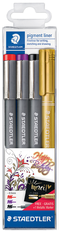 STAEDTLER Pigmentliner, 3er Set +GRATIS Metallic-Marker,Etui von Staedtler