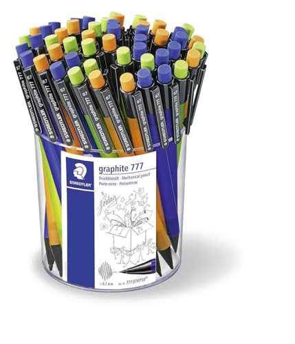 STAEDTLER STAEDTLER 777 07KP50 Druckbleistift graphite gefüllt mit B-Minen, Minendurchmesser 0,7 mm, 3 Schaftfarben (blau/orange/grün), 50 Stück in Köcherpackung von Staedtler