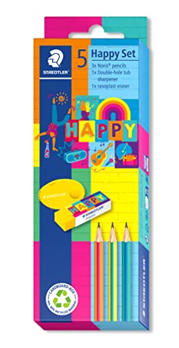 STAEDTLER Schreibwarenset Set, in den bunten Happy-colours, 3 Noris Bleistifte, 1 rasoplast Radiergummi, 1 Doppelklappspitzdose, zum Schreiben und Malen, 61 SC3 HA von Staedtler