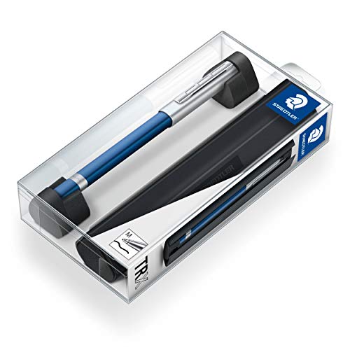 STAEDTLER TRX 412TRX3M-9ST Tintenroller (ergonomische Dreikantform, samtweiche Aluminium-Oberfläche, Aufsteckkappe mit Metallclip, Tintenroller Refill, Strichstärke: M, Schreibfarbe: schwarz) blau von Staedtler