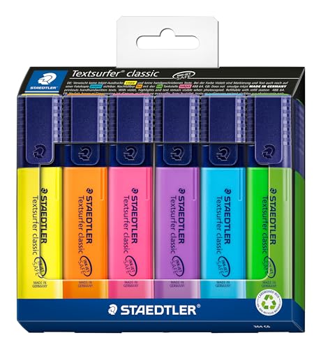 STAEDTLER Textmarker Textsurfer classic, hohe Qualität, mit großem Tintenspeicher für extra lange Markierleistung, 6 sortierte Textmarker im Kartonetui, 364 C6 von Staedtler