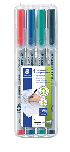 STAEDTLER Universalstift Lumocolor non-permanent, feucht abwischbar, für fast alle Oberflächen, Linienbreite ca. 0,4 mm, 4 Folienstifte in sortierten Farben, 311 WP4 STAEDTLER Universalstift Lumocolor non-permanent, feucht abwischbar, für fast alle Oberflächen, Linienbreite ca. 0,4 mm, 4 Folienstifte in sortierten Farben, 311 WP4 von Staedtler