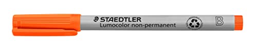 STAEDTLER Universalstift Lumocolor non-permanent, orange, breite Keilspitze ca. 1,0 - 2,5 mm, feucht abwischbar, für fast alle Oberflächen, 10 orange Folienstifte im Kartonetui, 312-4 von Staedtler