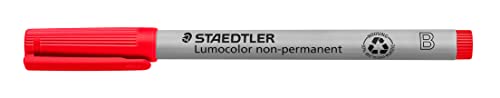 STAEDTLER Universalstift Lumocolor non-permanent, rot, breite Keilspitze ca. 1,0 - 2,5 mm, feucht abwischbar, für fast alle Oberflächen, 10 rote Folienstifte im Kartonetui, 312-2 von Staedtler