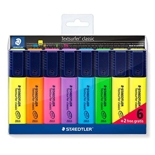 STAEDTLER classic 364 A WP8 Textsurfer, hohe Qualität, mit großem Tintenspeicher für extra lange Markierleistung, Set mit 8 Textmarkern, Promotion 6 + 2 gratis, 8 Stück (1er Pack) von Staedtler
