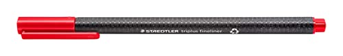 STAEDTLER dreikantiger Fineliner triplus, rot, aus recyceltem Kunststoff, superfeine, metallgefasste 0,3 mm Spitze, lange Lebensdauer, 10 rote Fineliner im Kartonetui, 334 R-2 von Staedtler