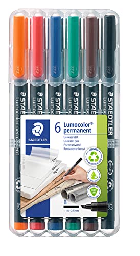 STAEDTLER permanent Marker Lumocolor, Keilspitze ca. 1,0 - 2,5 mm, wisch- und wasserfest, Made in Germany, nachfüllbar, lange Lebensdauer, 6 Universalstifte in sortierten Farben, 314 WP6 von Staedtler