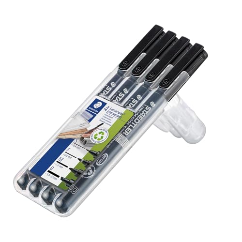 STAEDTLER permanenter Universalstift Lumocolor, wisch- und wasserfest, für fast alle Oberflächen, sekundenschnell trocken, nachfüllbar, 4 schwarze Marker in sortierten Linienbreiten, 31-9WP4GS von Staedtler